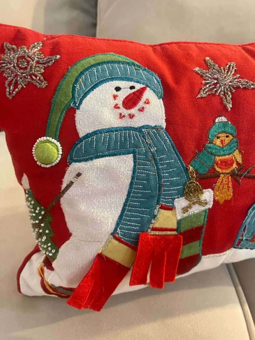 Pier 1 Snowman Christmas Lumbar Pillow Embroidered Beaded Holiday Decor